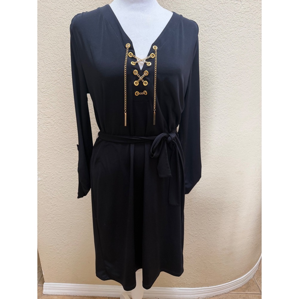 Michael Michael Kors Black Chain Lace Up Dress Long Sleeve Belted M